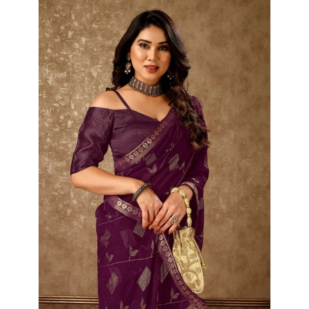 Women's Zomto Patta Chiffon Saree With Unstitched Blouse (Wine, 5-6 Mtrs)