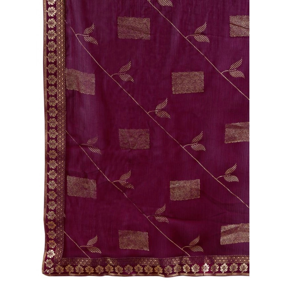 Women's Zomto Patta Chiffon Saree With Unstitched Blouse (Wine, 5-6 Mtrs)