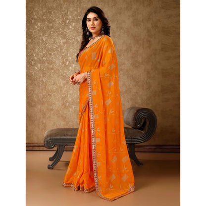 Women's Zomto Patta Chiffon Saree With Unstitched Blouse (Yellow, 5-6 Mtrs)