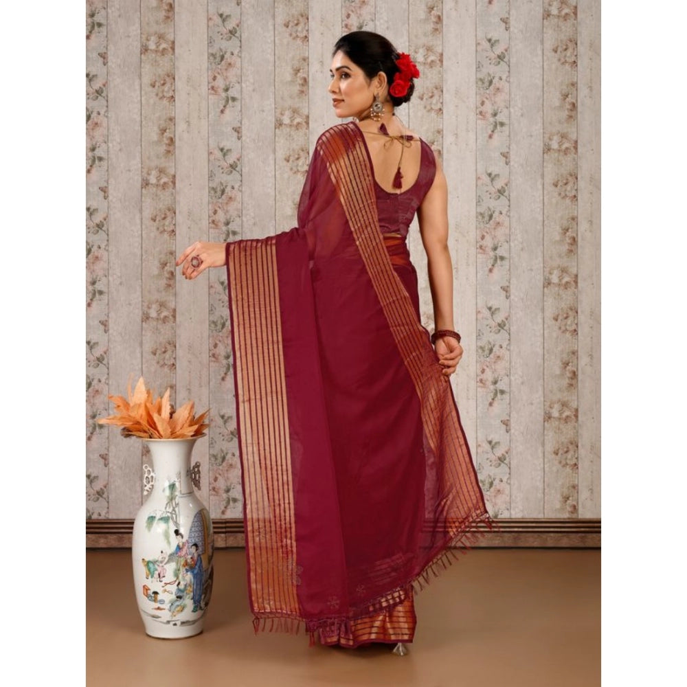 Women's Chiffon Fabric Plain Saree With Unstitched Blouse (Maroon, 5-6 Mtrs)