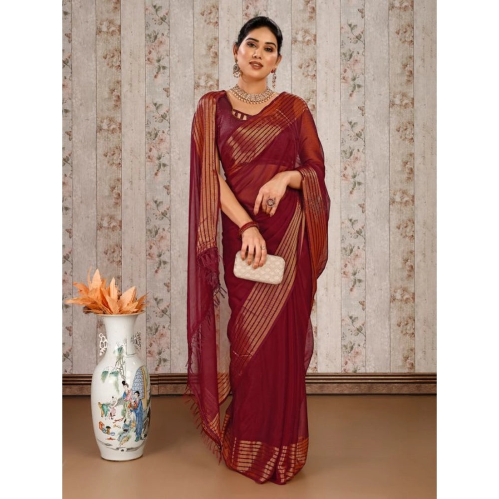 Women's Chiffon Fabric Plain Saree With Unstitched Blouse (Maroon, 5-6 Mtrs)