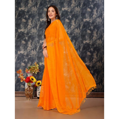 Women's Chiffon Fabric Plain Saree With Unstitched Blouse (Yellow, 5-6 Mtrs)