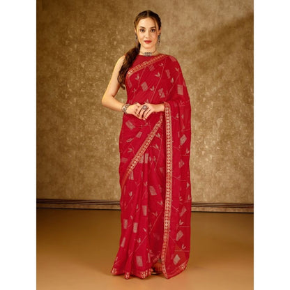 Women's Zomto Patta Chiffon Saree With Unstitched Blouse (Red, 5-6 Mtrs)