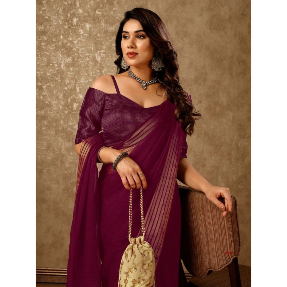 Women's Chiffon Fabric Plain Saree With Unstitched Blouse (Wine, 5-6 Mtrs)