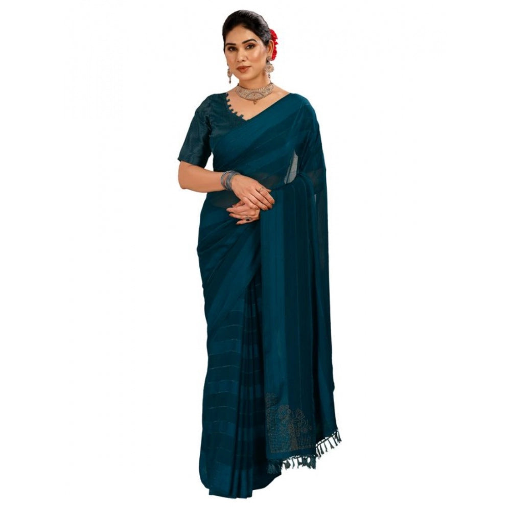 Women's Chiffon Fabric Line Saree With Unstitched Blouse (Blue, 5-6 Mtrs)