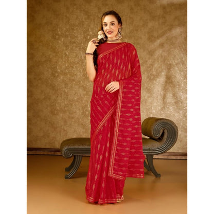 Women's Zomto Laheriya Saree With Unstitched Blouse (Red, 5-6 Mtrs)