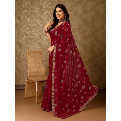 Women's Zomto Patta Chiffon Saree With Unstitched Blouse (Maroon, 5-6 Mtrs)