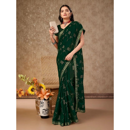 Women's Zomto Patta Chiffon Saree With Unstitched Blouse (Green, 5-6 Mtrs)