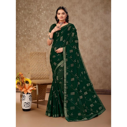 Women's Zomto Patta Chiffon Saree With Unstitched Blouse (Green, 5-6 Mtrs)