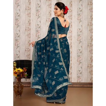 Women's Zomto Patta Chiffon Saree With Unstitched Blouse (Blue, 5-6 Mtrs)