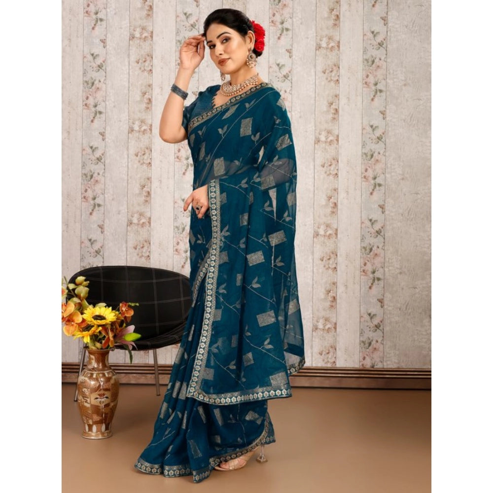 Women's Zomto Patta Chiffon Saree With Unstitched Blouse (Blue, 5-6 Mtrs)