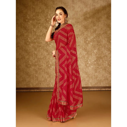 Women's Zomto Zig Zag Saree With Unstitched Blouse (Red, 5-6 Mtrs)