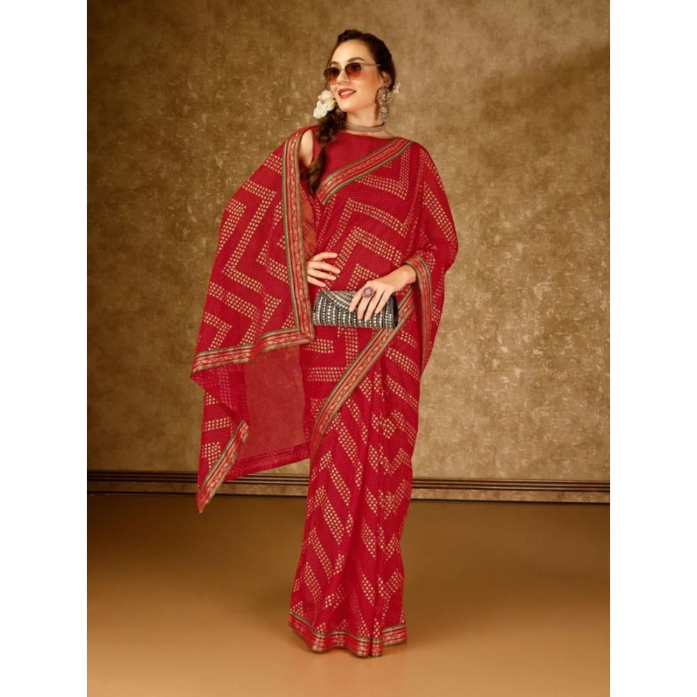 Women's Zomto Zig Zag Saree With Unstitched Blouse (Red, 5-6 Mtrs)