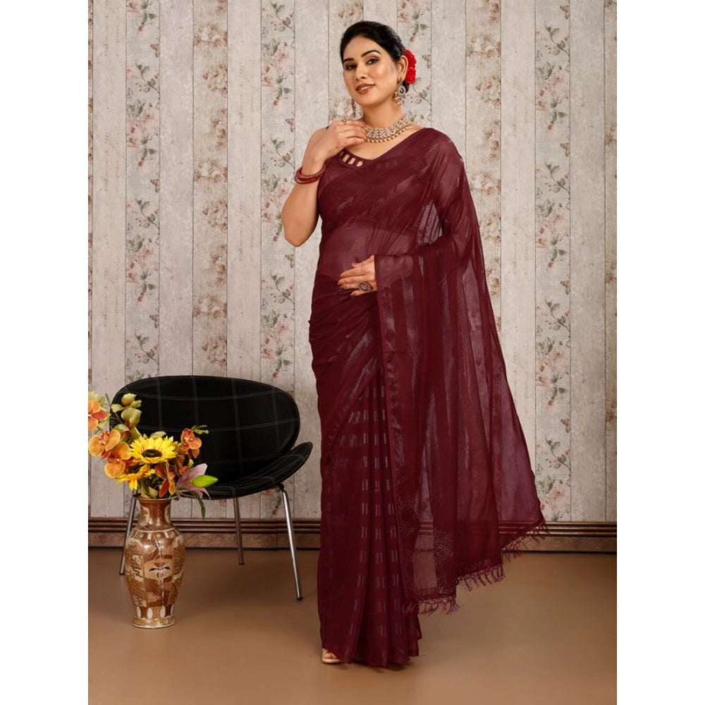 Women's Chiffon Fabric Line Saree With Unstitched Blouse (Maroon, 5-6 Mtrs)