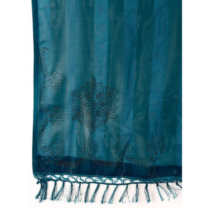 Women's Chiffon Fabric Line Saree With Unstitched Blouse (Teal Blue, 5-6 Mtrs)