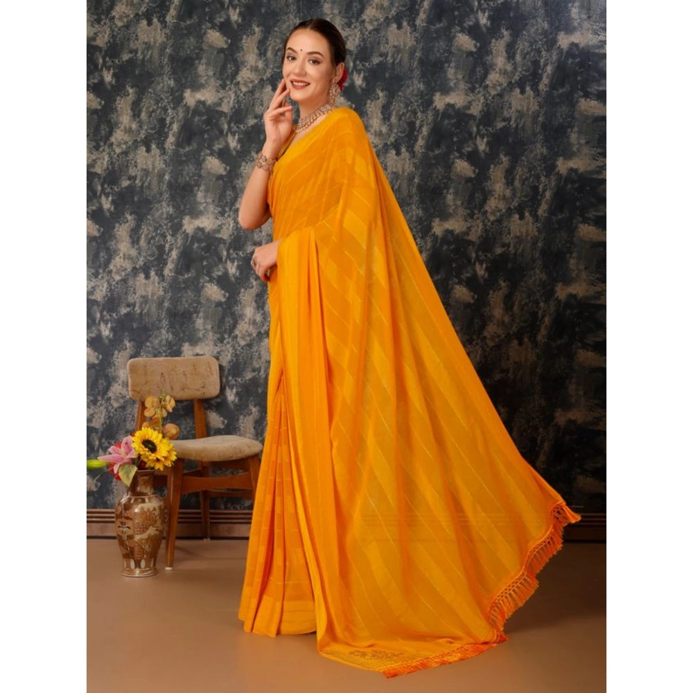 Women's Chiffon Fabric Line Saree With Unstitched Blouse (Yellow, 5-6 Mtrs)