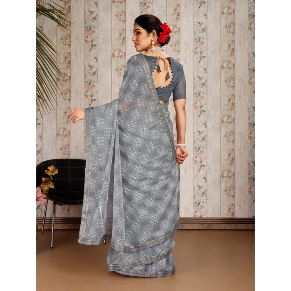 Women's Zomto Checked Saree With Unstitched Blouse (Grey, 5-6 Mtrs)