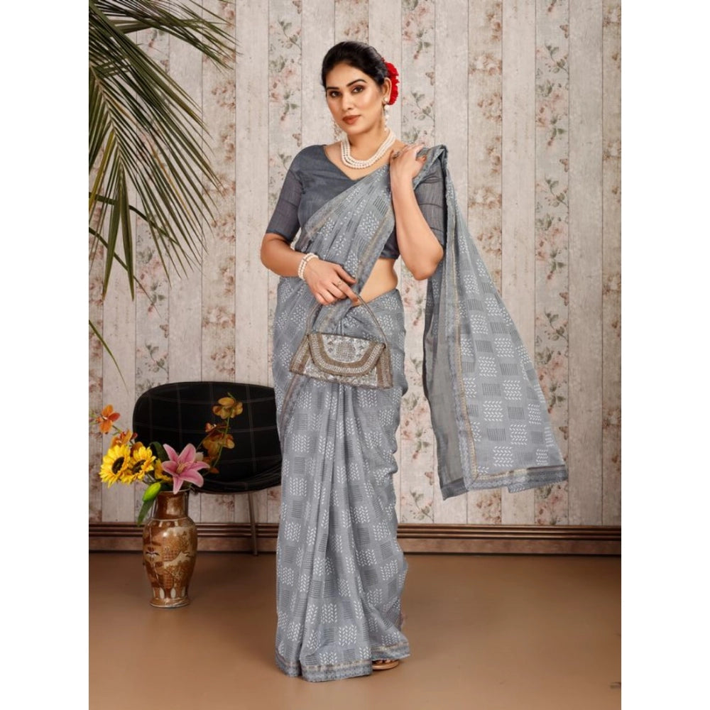 Women's Zomto Checked Saree With Unstitched Blouse (Grey, 5-6 Mtrs)