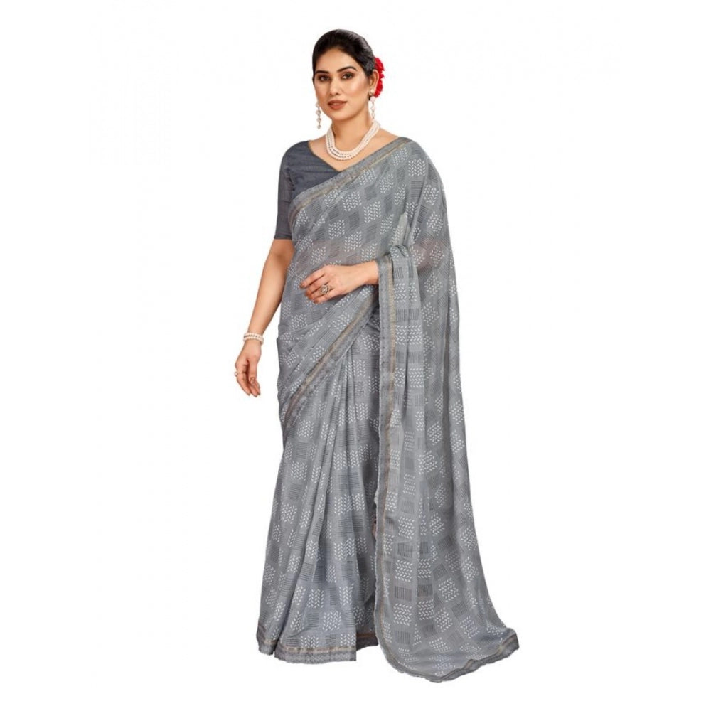 Women's Zomto Checked Saree With Unstitched Blouse (Grey, 5-6 Mtrs)