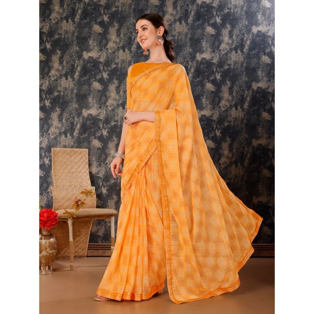 Women's Zomto Checked Saree With Unstitched Blouse (Yellow, 5-6 Mtrs)