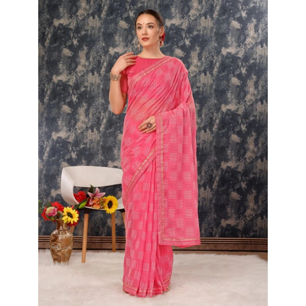 Women's Zomto Checked Saree With Unstitched Blouse (Pink, 5-6 Mtrs)