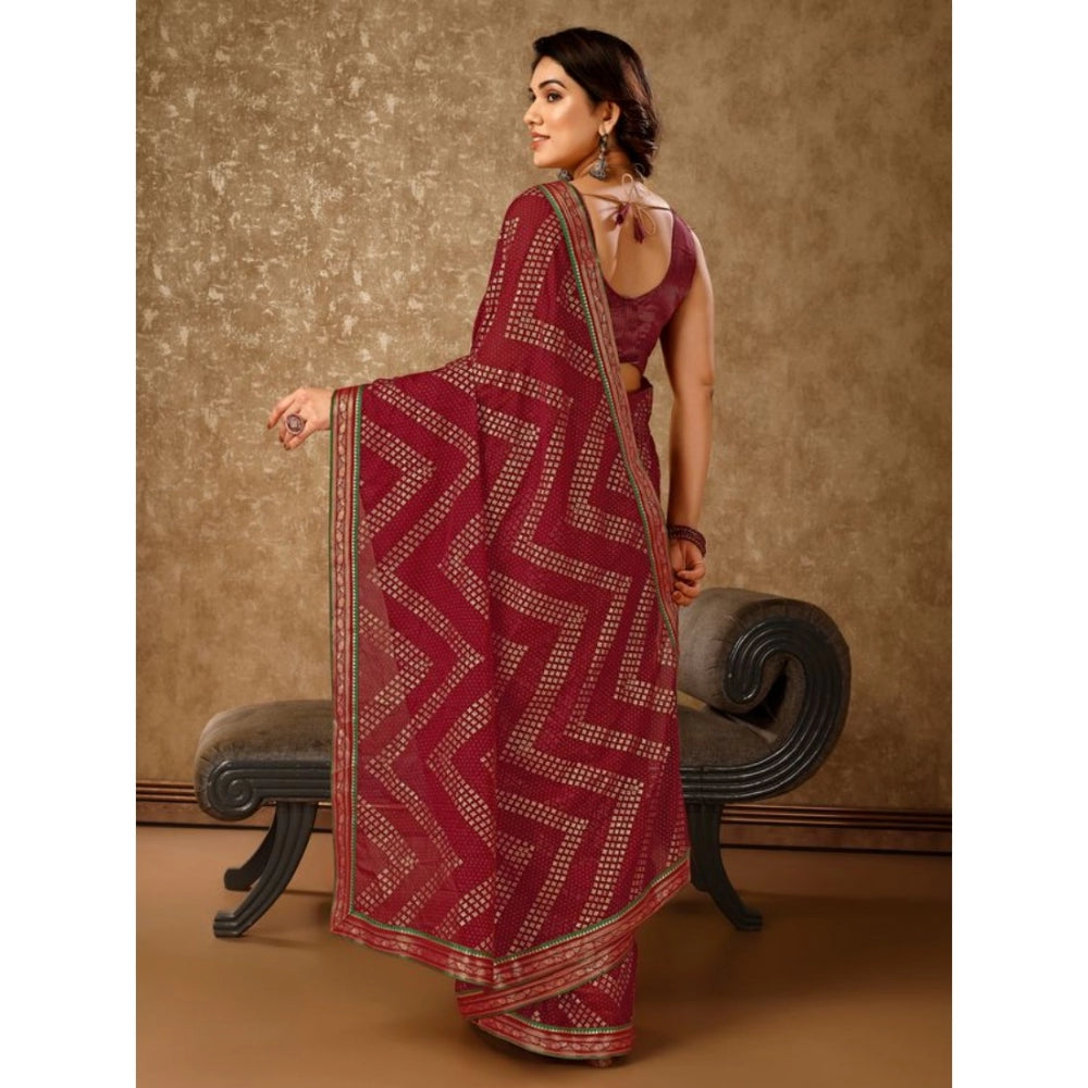 Women's Zomto Zig Zag Saree With Unstitched Blouse (Maroon, 5-6 Mtrs)