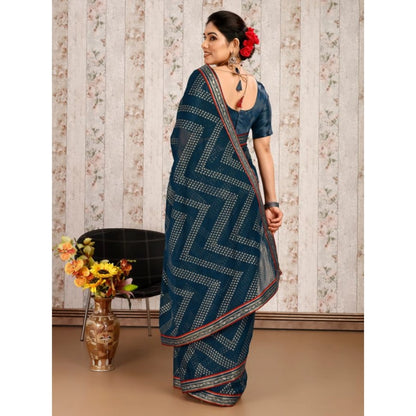 Women's Zomto Zig Zag Saree With Unstitched Blouse (Blue, 5-6 Mtrs)