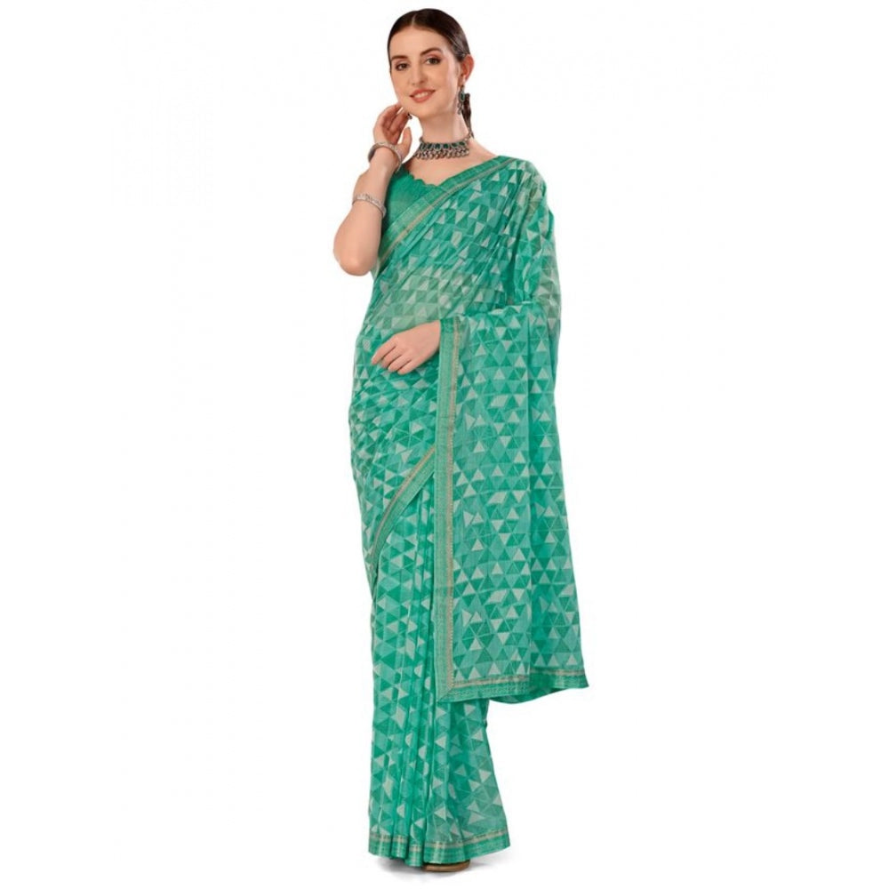 Women's Zomto Printed Saree With Unstitched Blouse (Turquies Green, 5-6 Mtrs)