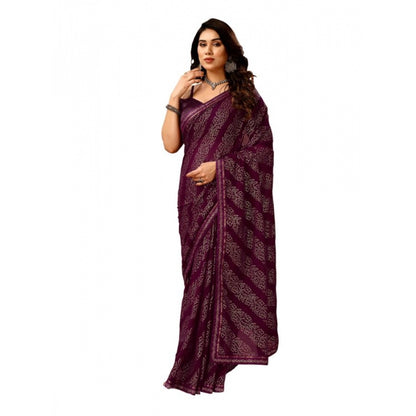 Women's Zomto Bandhini Saree With Unstitched Blouse (Wine, 5-6 Mtrs)