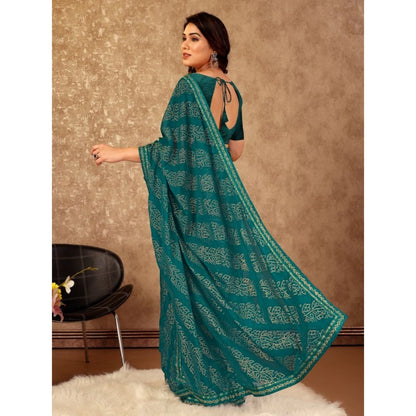 Women's Zomto Bandhini Saree With Unstitched Blouse (Teal Blue, 5-6 Mtrs)