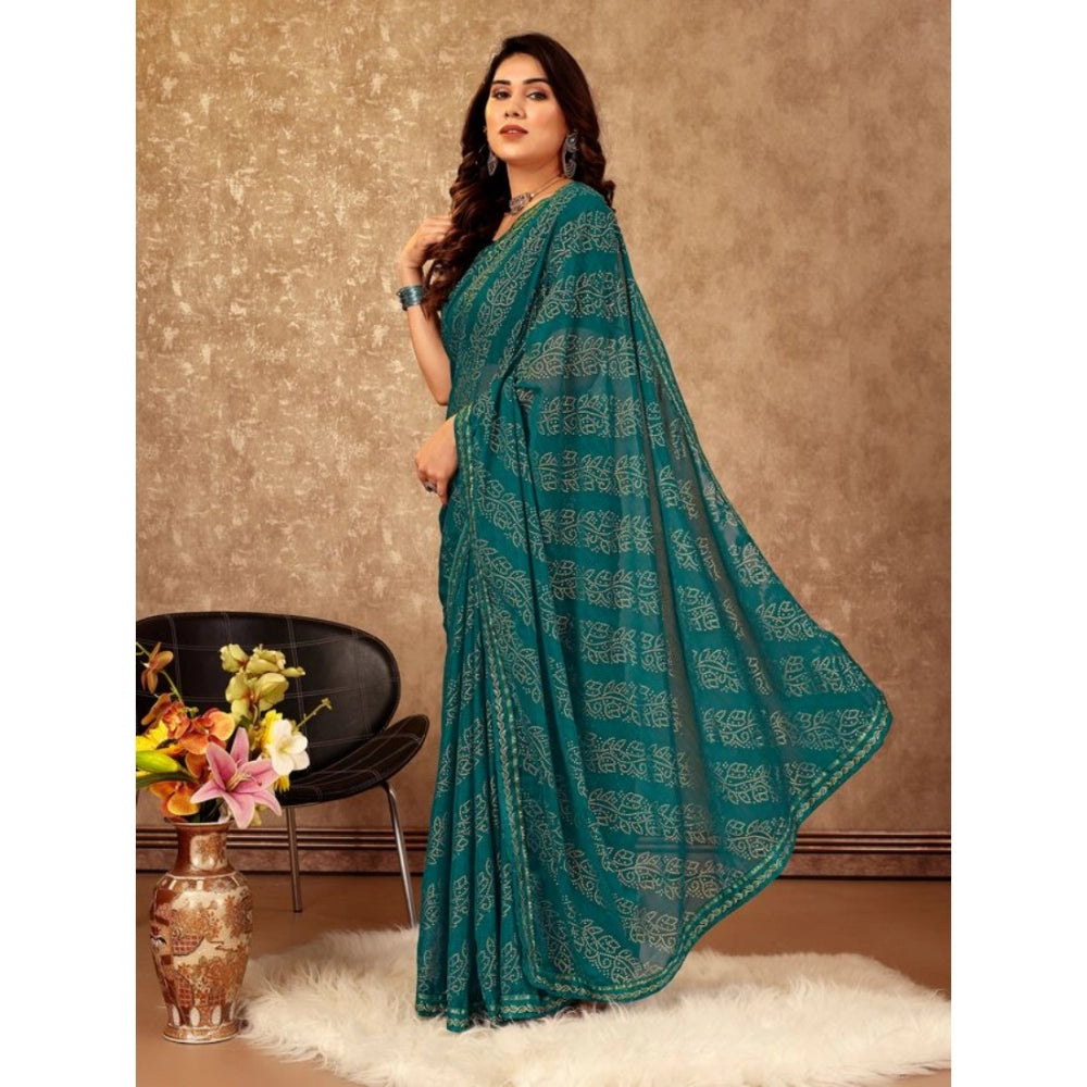 Women's Zomto Bandhini Saree With Unstitched Blouse (Teal Blue, 5-6 Mtrs)