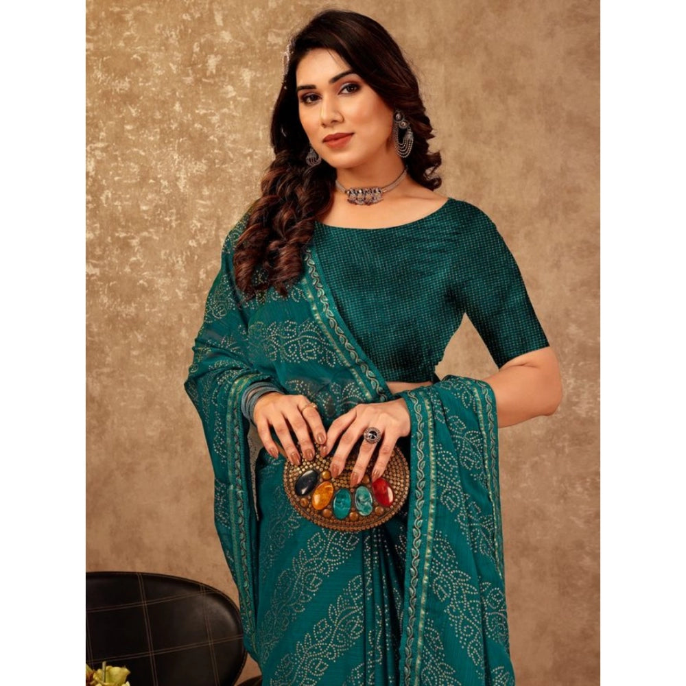 Women's Zomto Bandhini Saree With Unstitched Blouse (Teal Blue, 5-6 Mtrs)