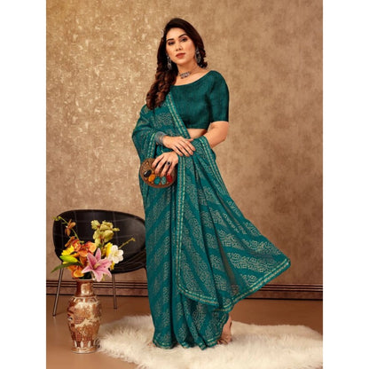 Women's Zomto Bandhini Saree With Unstitched Blouse (Teal Blue, 5-6 Mtrs)