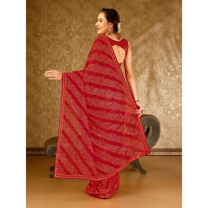 Women's Zomto Bandhini Saree With Unstitched Blouse (Red, 5-6 Mtrs)