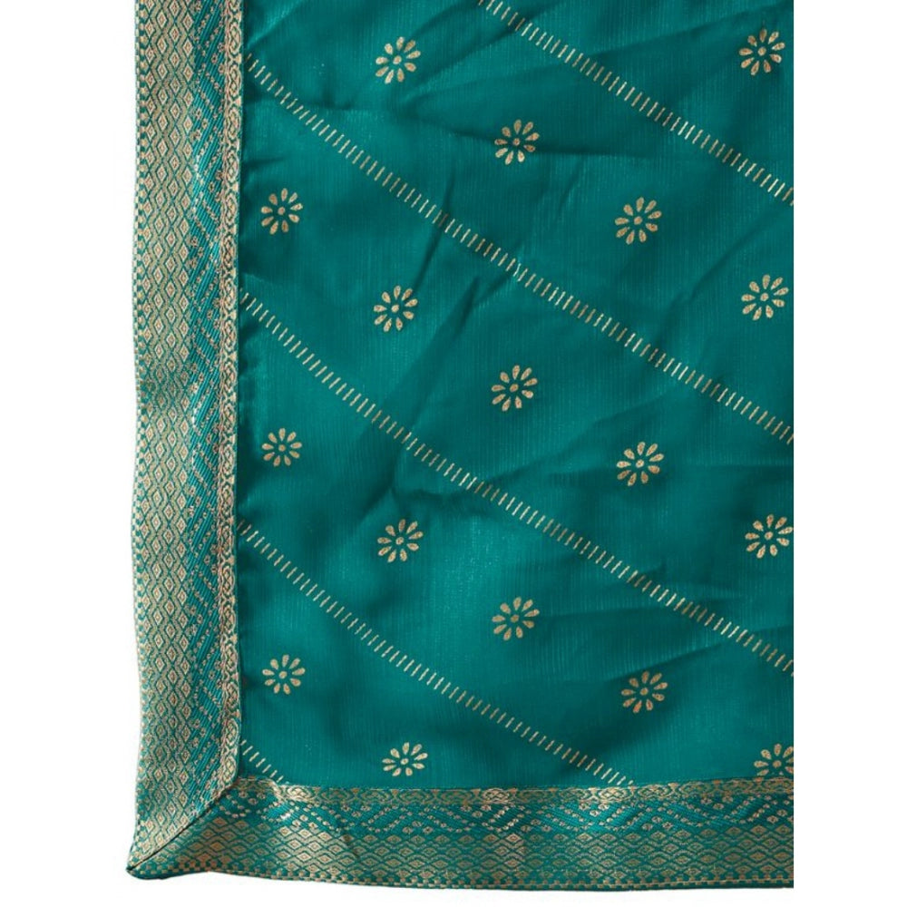 Women's Zomto Bandhini Saree With Unstitched Blouse (Teal Blue, 5-6 Mtrs)