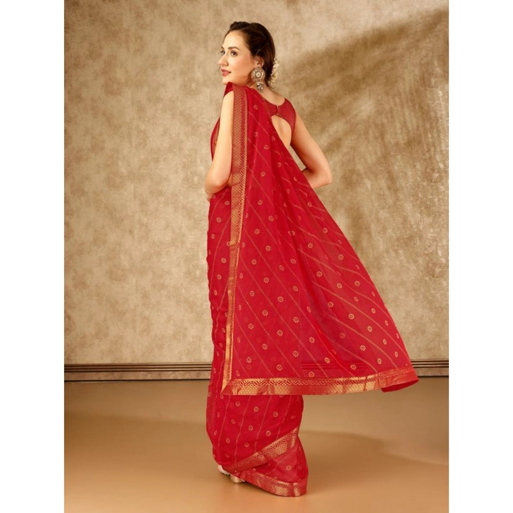 Women's Zomto Bandhini Saree With Unstitched Blouse (Red, 5-6 Mtrs)