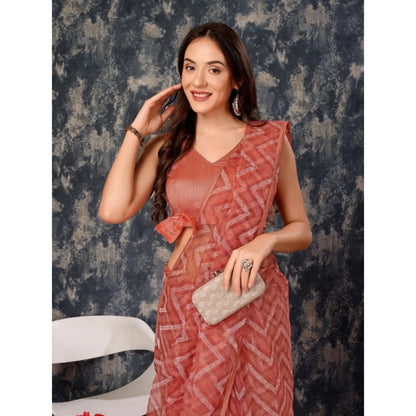 Women's Linen Zig Zag Saree With Unstitched Blouse (Peach, 5-6 Mtrs)