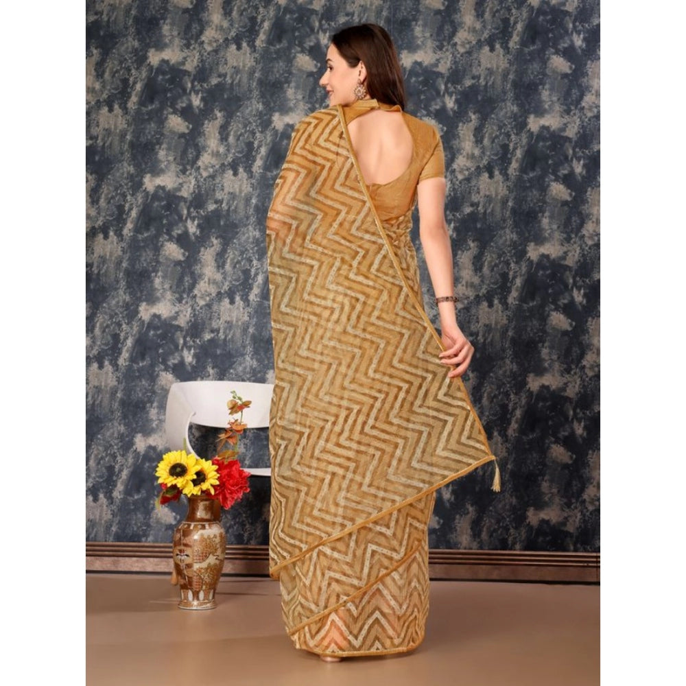 Women's Linen Zig Zag Saree With Unstitched Blouse (Beige, 5-6 Mtrs)