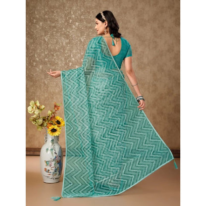 Women's Linen Zig Zag Saree With Unstitched Blouse (Turquies Green, 5-6 Mtrs)