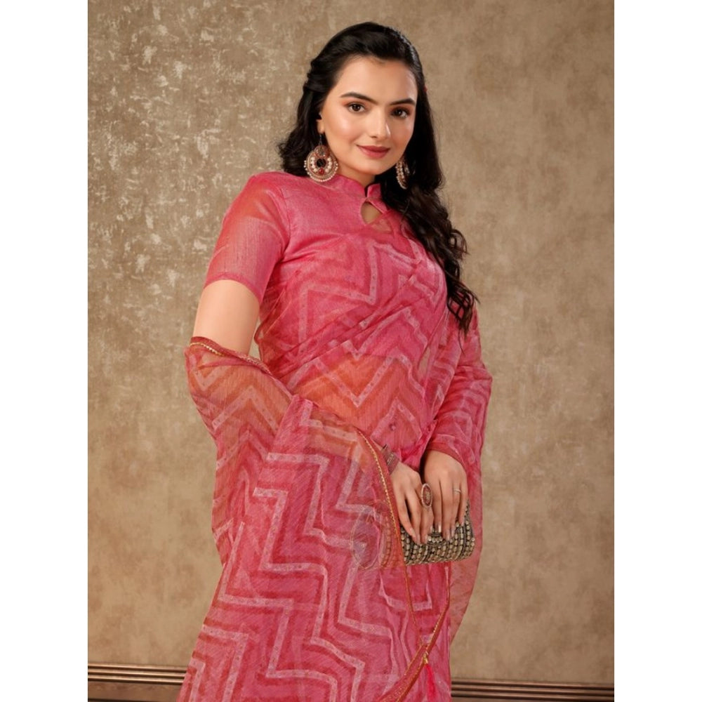 Women's Linen Zig Zag Saree With Unstitched Blouse (Pink, 5-6 Mtrs)