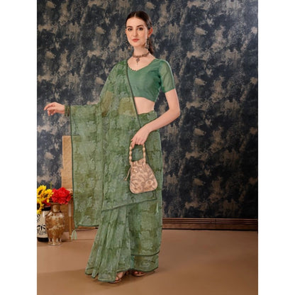 Women's Linen Floral Printed Saree With Unstitched Blouse (Green, 5-6 Mtrs)