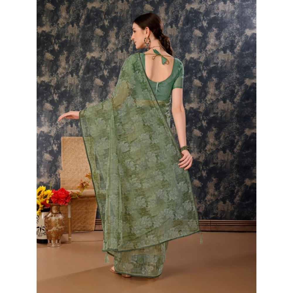 Women's Linen Floral Printed Saree With Unstitched Blouse (Green, 5-6 Mtrs)