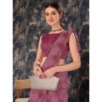 Women's Linen Floral Printed Saree With Unstitched Blouse (Purple, 5-6 Mtrs)