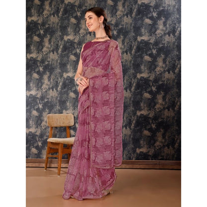 Women's Linen Floral Printed Saree With Unstitched Blouse (Purple, 5-6 Mtrs)