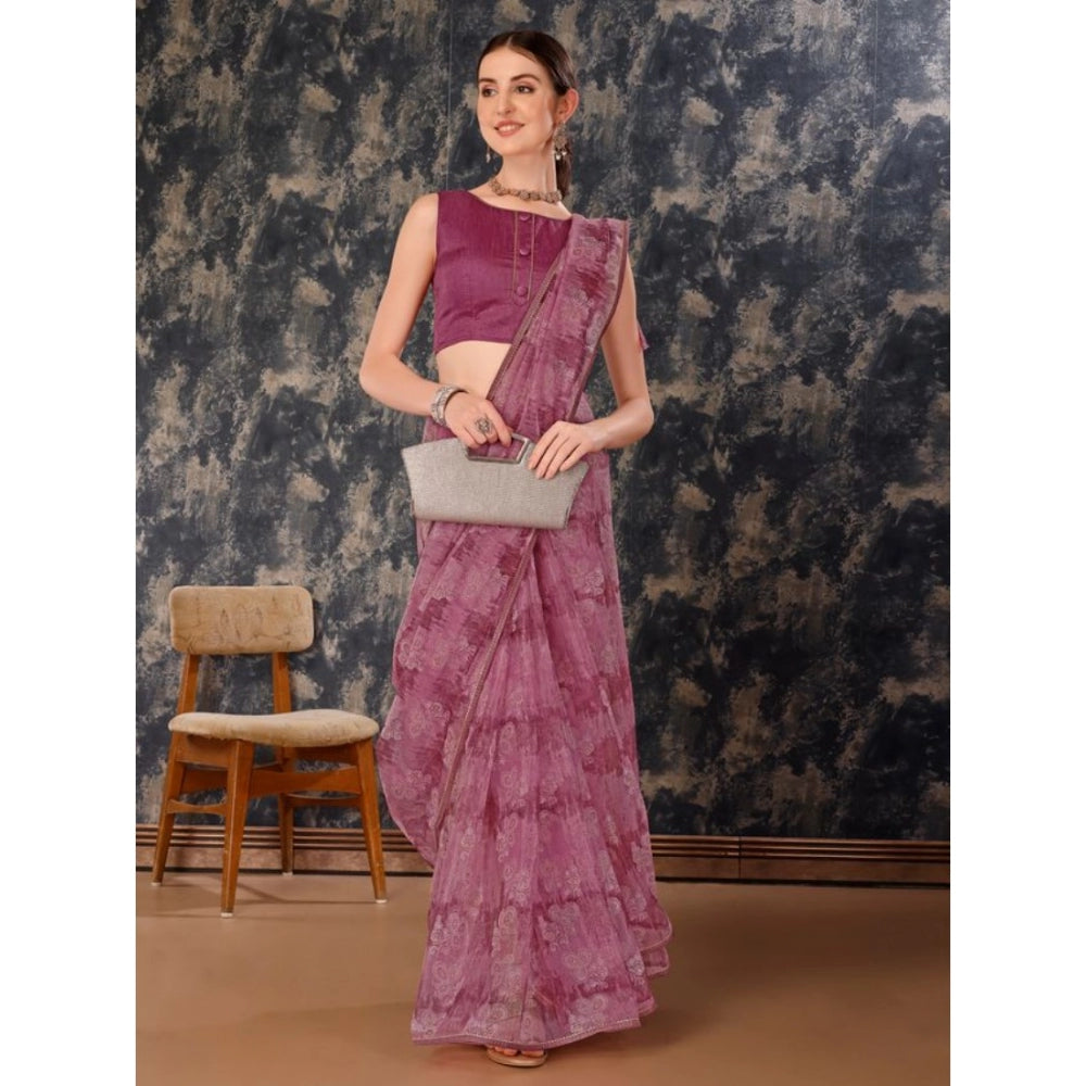 Women's Linen Floral Printed Saree With Unstitched Blouse (Purple, 5-6 Mtrs)