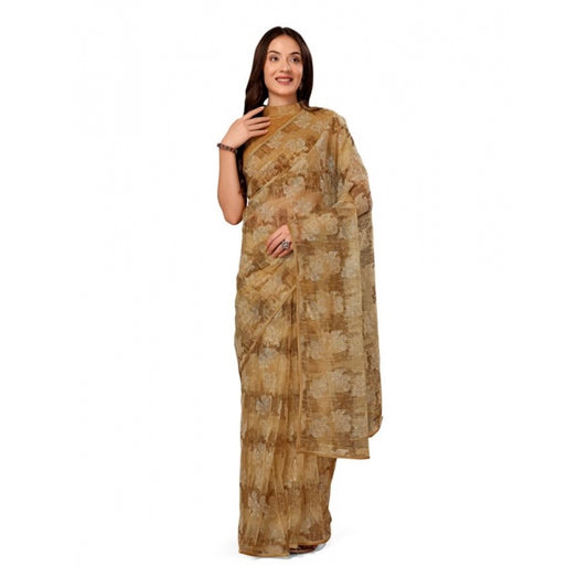 Women's Linen Floral Printed Saree With Unstitched Blouse (Brown, 5-6 Mtrs)