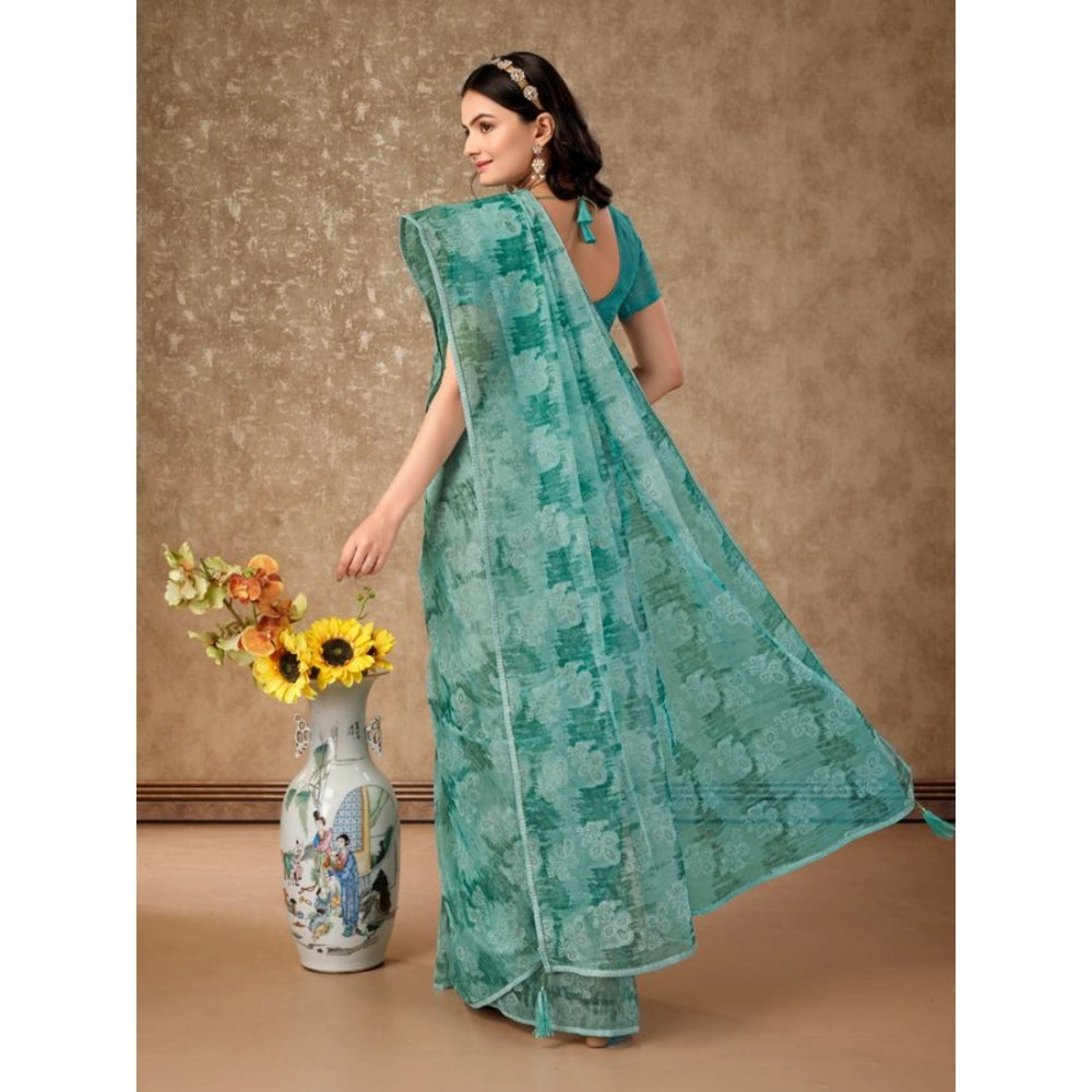 Women's Linen Floral Printed Saree With Unstitched Blouse (Turquies Green, 5-6 Mtrs)