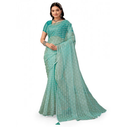 Women's Linen Line Saree With Unstitched Blouse (Turquies Green, 5-6 Mtrs)