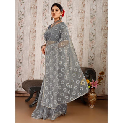 Women's Linen Gola Printed Saree With Unstitched Blouse (Grey, 5-6 Mtrs)