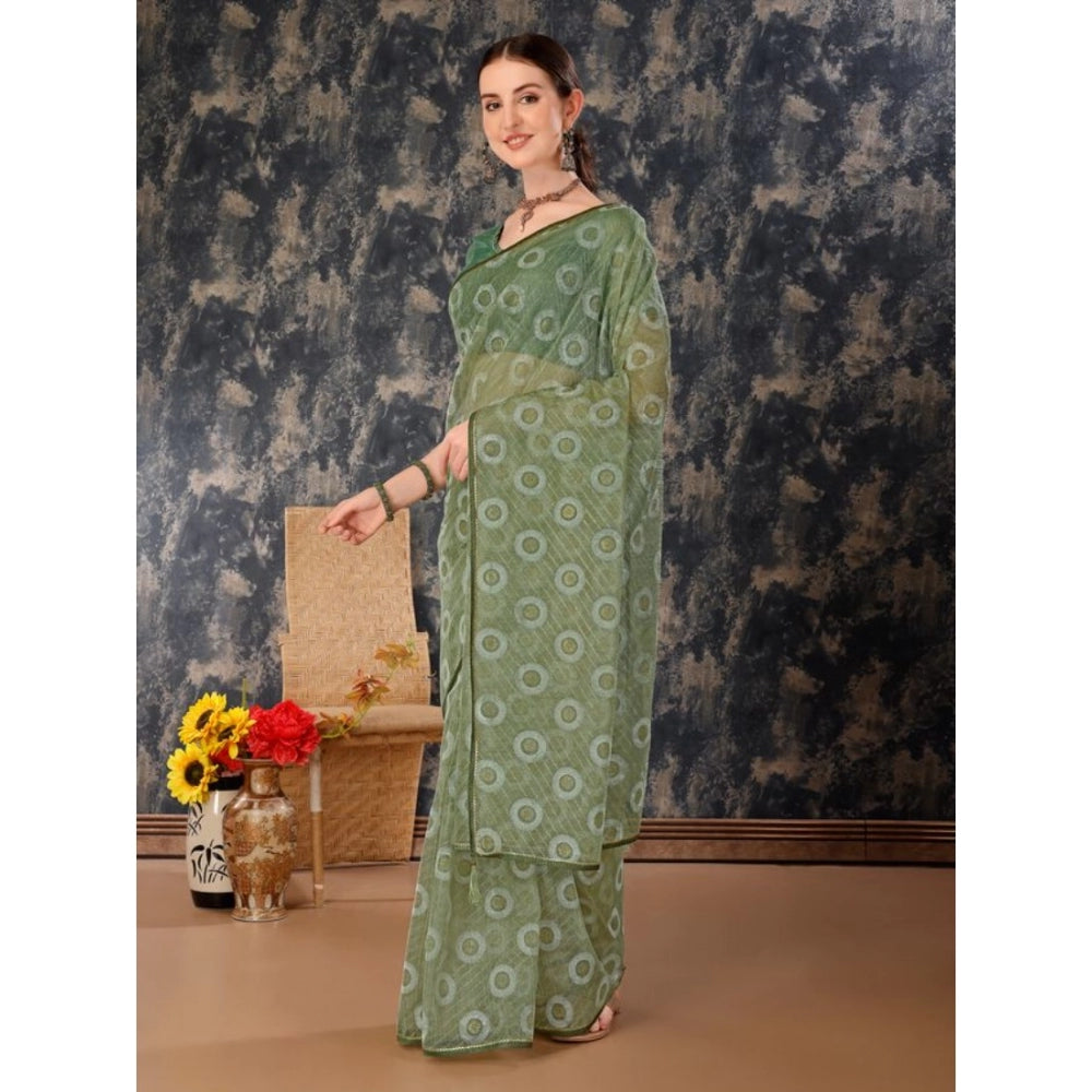 Women's Linen Gola Printed Saree With Unstitched Blouse (Green, 5-6 Mtrs)